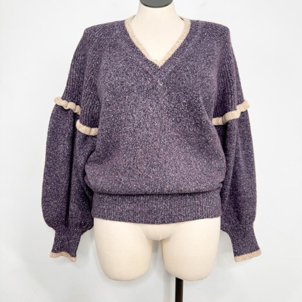 Joie Bishop Sleeve Sweater Purple Cream Alpaca Warm Preppy Boho Casual Size XL